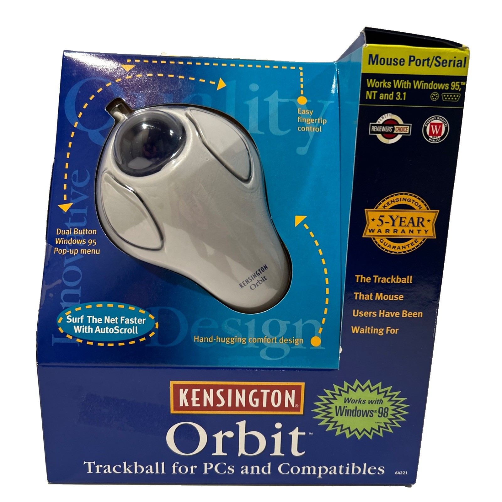 Vintage Kensington Orbit Trackball Mouse Model 64221 Serial 9 Pin with Adapter