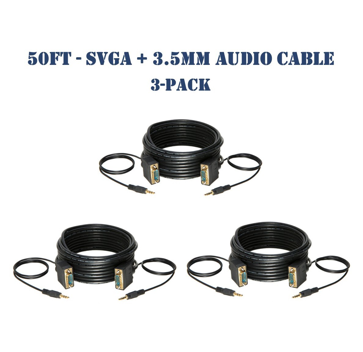 50FT SVGA Video Cable + 3.5mm Audio Aux Jack M/M PC Display Monitor Cord- 3-Pack