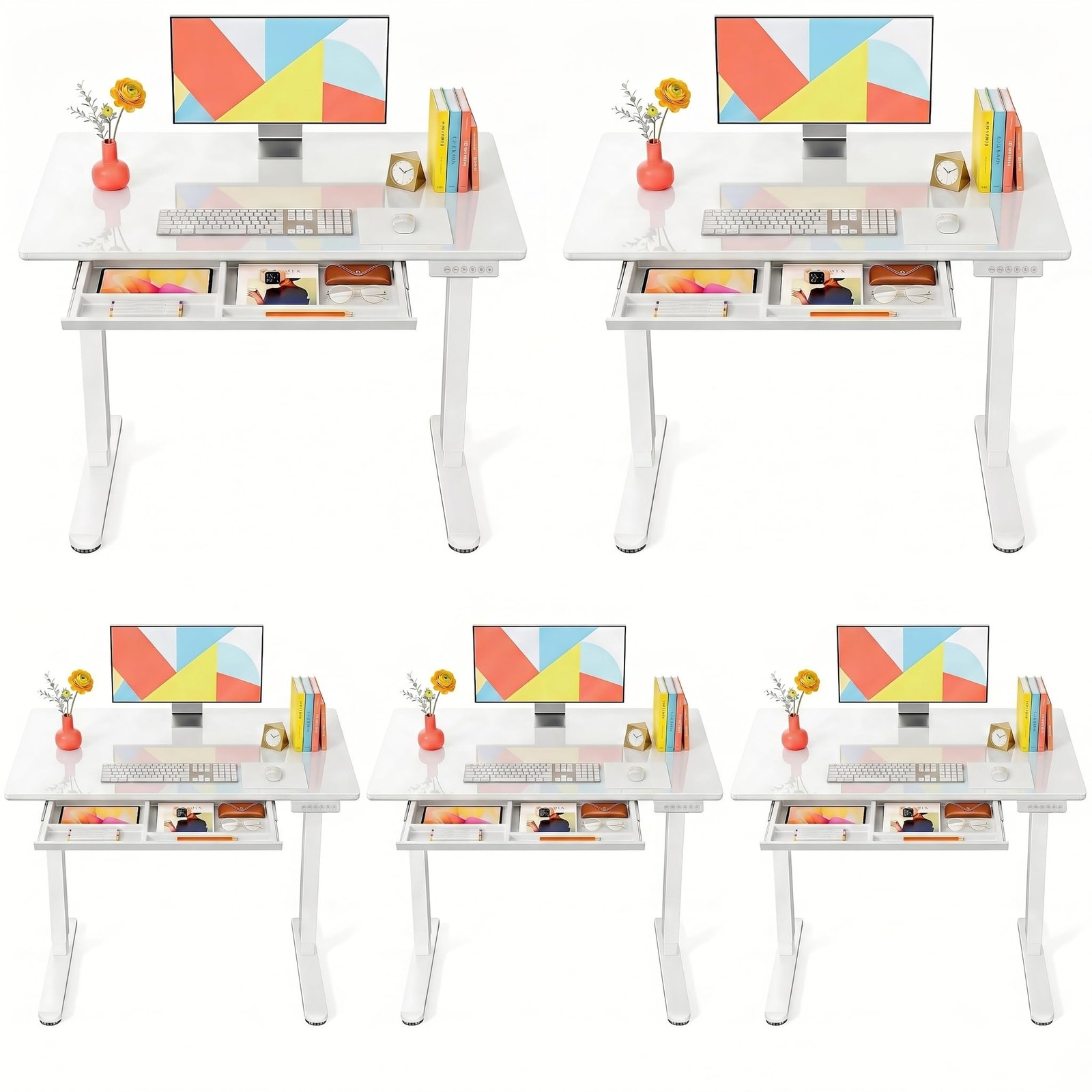 Glass Standing Desk 37 x 22 inch 5 Pack 4 Zone Drawer White Marsail