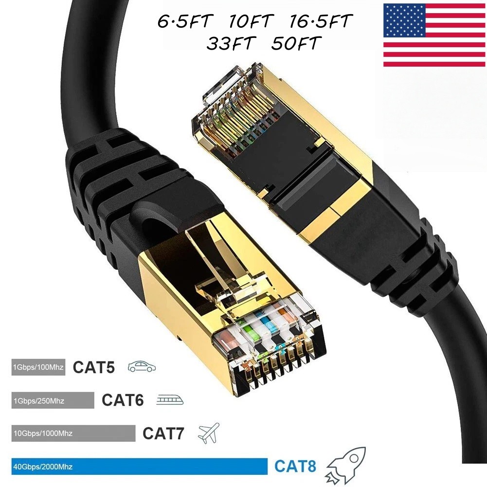 Cat8 Ethernet Cable 40Gbps 2000MHz SFTP Shielded for Gaming Data Center Outdoor 