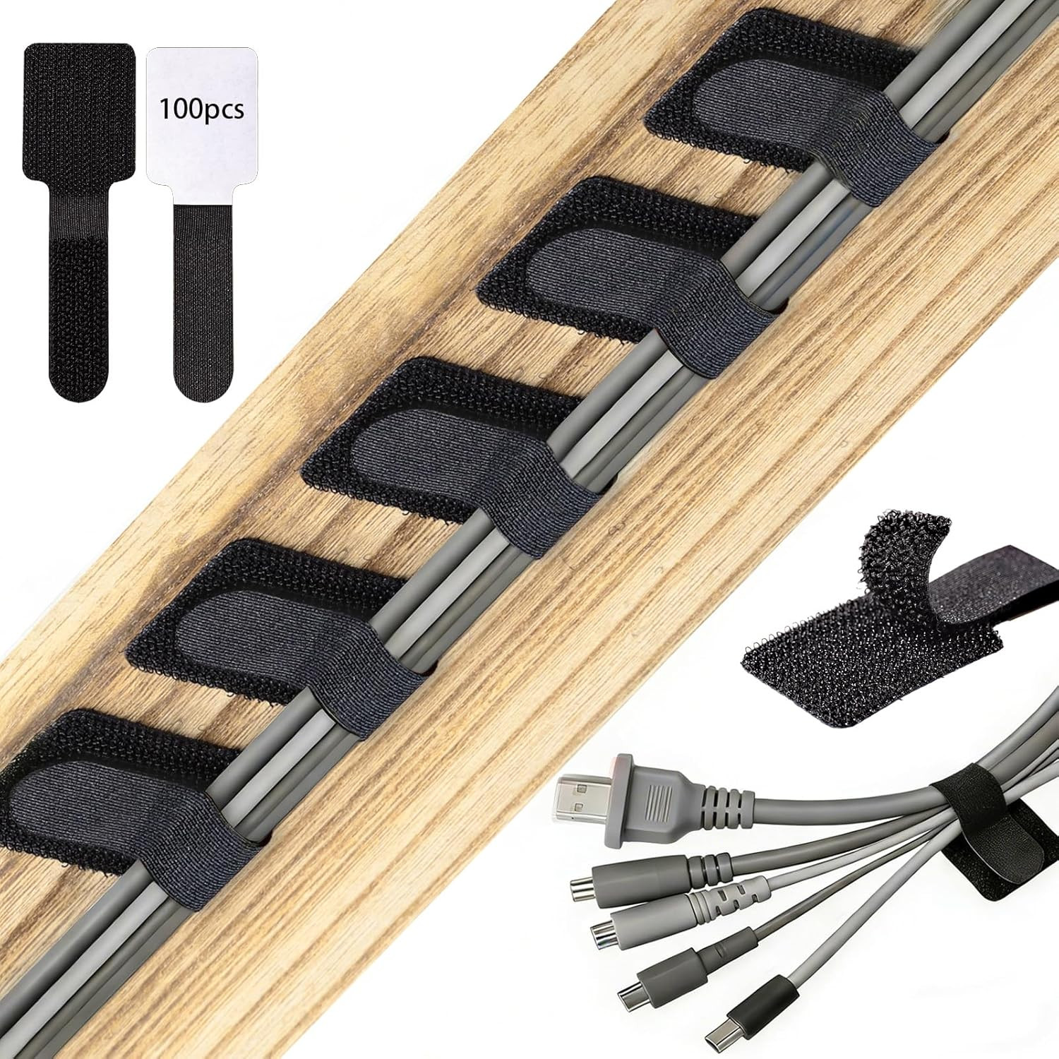 100 Pcs Hook and Loop Cable Ties, Self Adhesive Cable Management Desktop Cable S