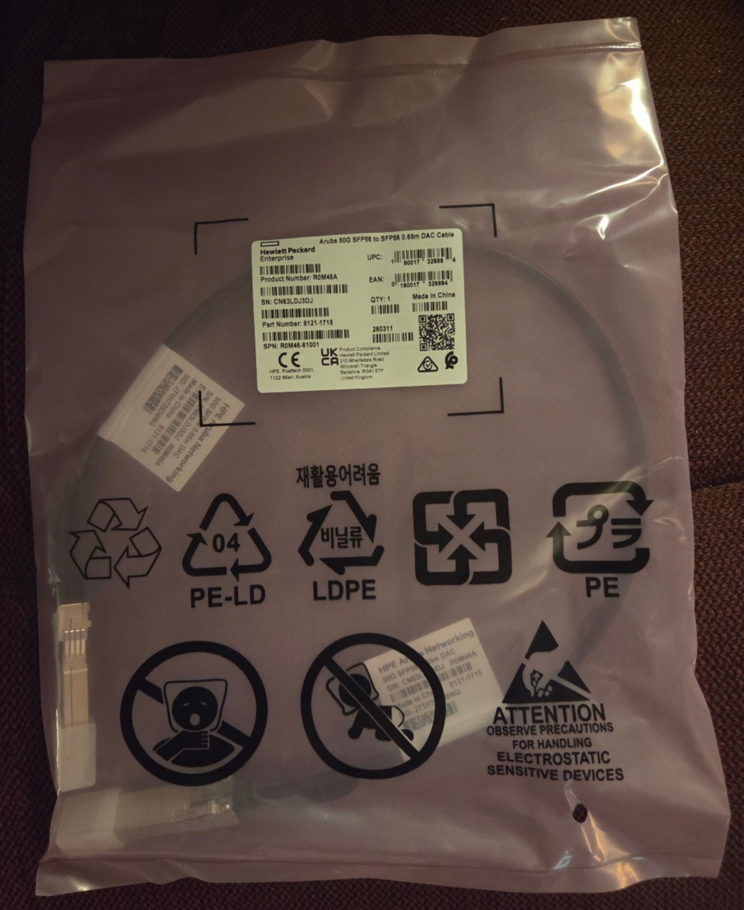 New Aruba R0M46A HP Aruba 50G SFP56 to SFP56 DAC Cable  8121-1715