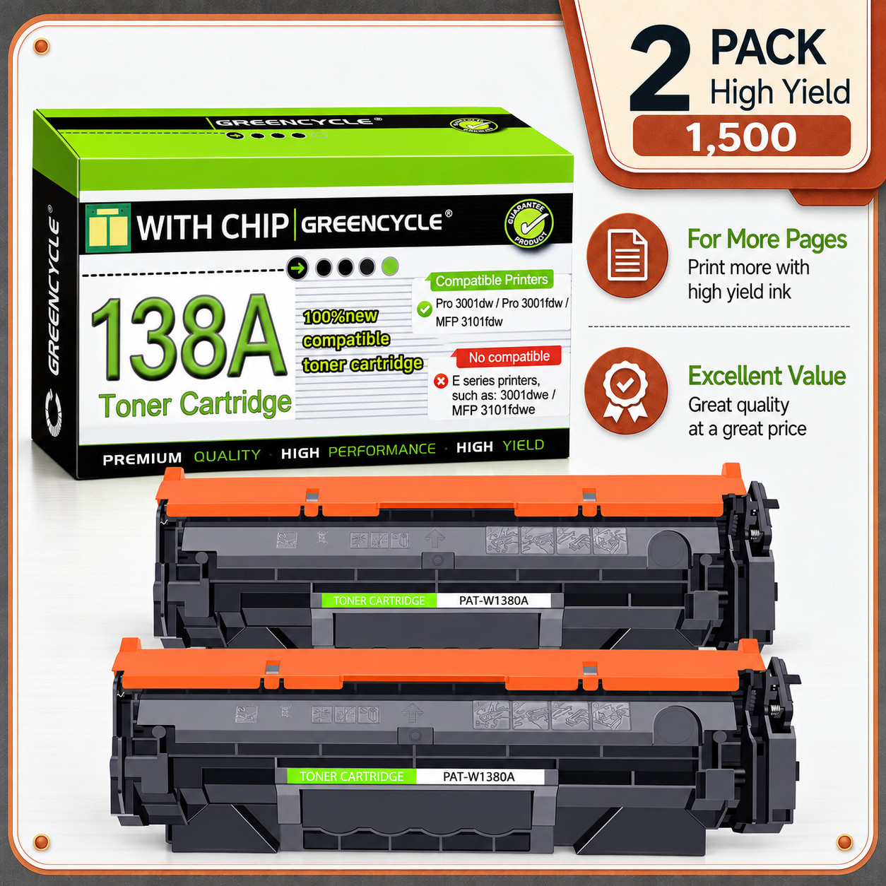 2 Pack 138A W1380A Black Toner with New Chip for HP 3001dw 3001fdw MFP 3101fdw
