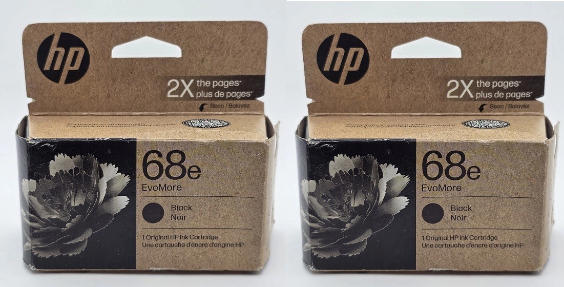 2 New Genuine Sealed HP 68e EvoMore Black Original Ink Cartridges 2027