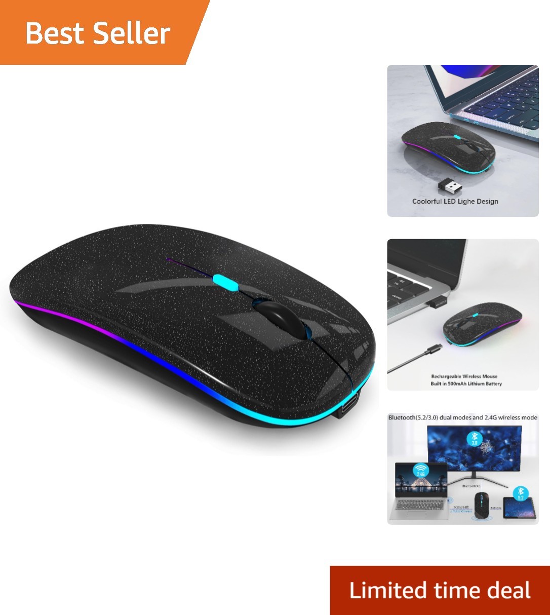 Elegant Wireless Bluetooth Mouse with LED Lights & Rechargeable Battery - Sli...
