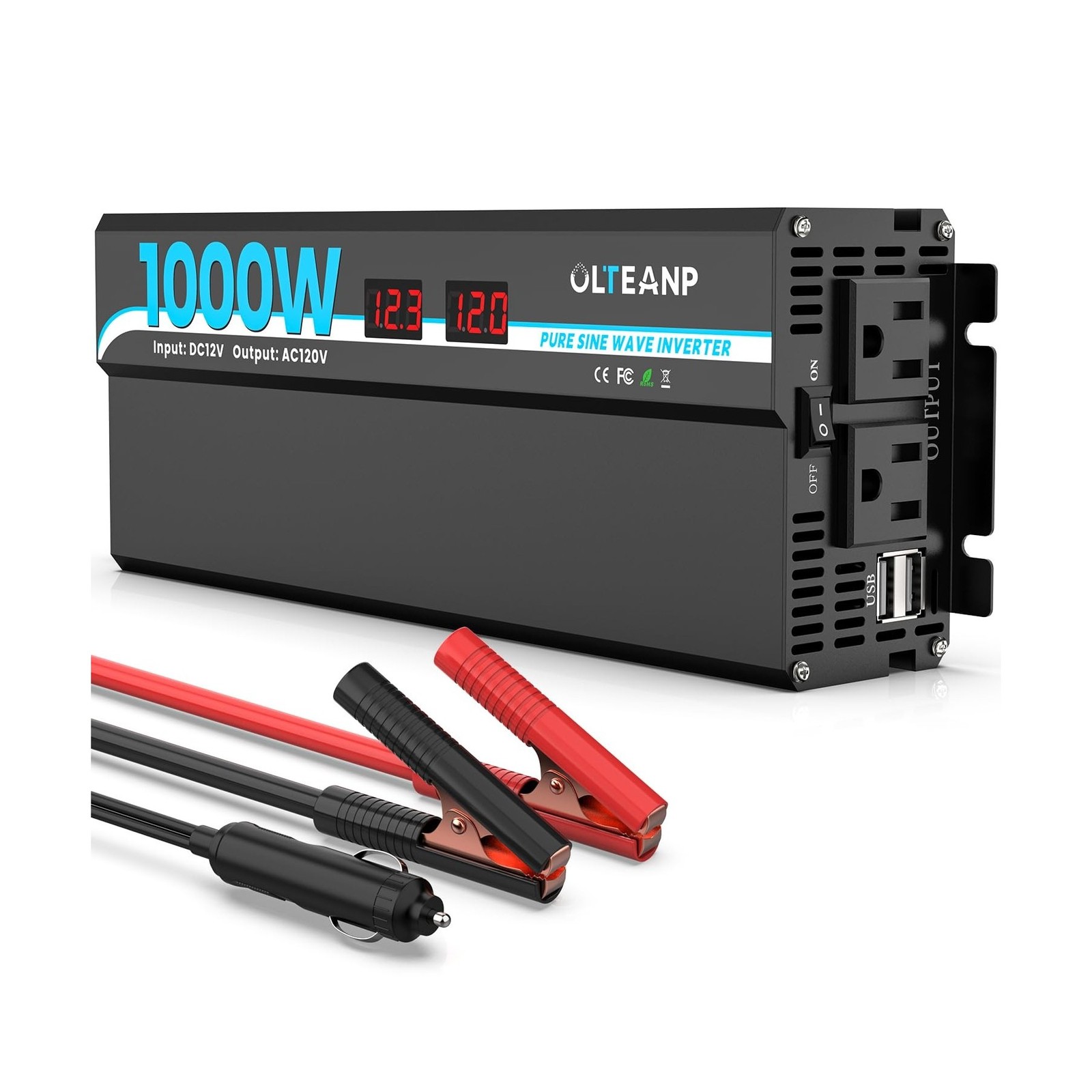 1000W Pure Sine Wave Power Inverter with 2 AC Outlets, 2 USB Ports, LCD Displ...