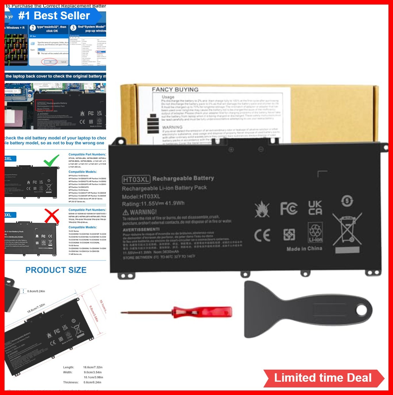 Laptop Battery 11.55V 41.9Wh Lithium Polymer 3 Cell Replacement for HP Pavilion