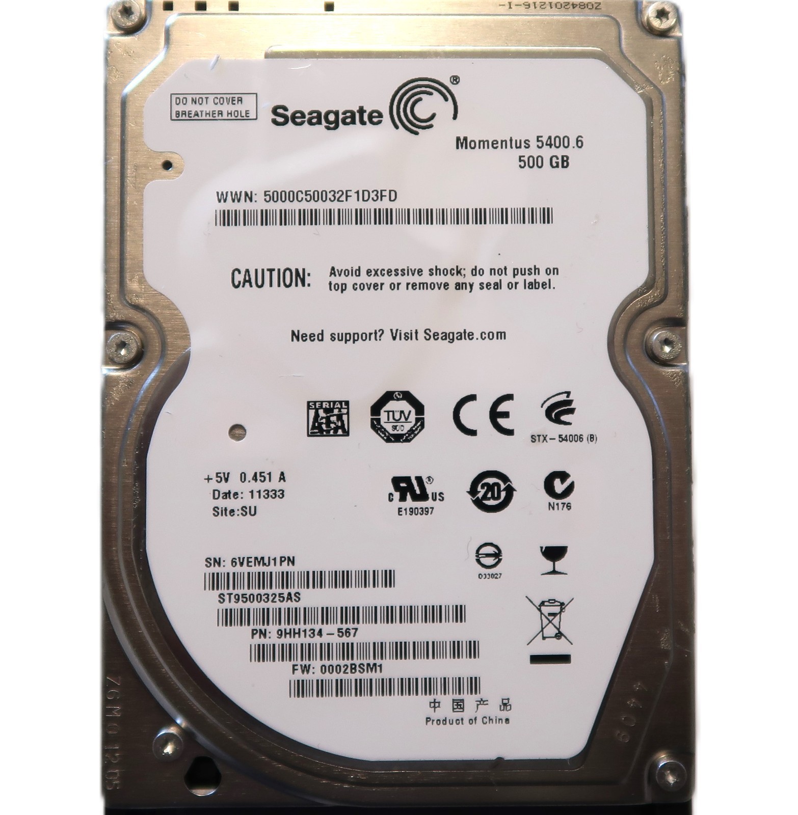 ST9500325AS PN: 9HH134-567 FW:0002BSM1 SU (6VEM) China 2.5" 500gb Sata 02/2011