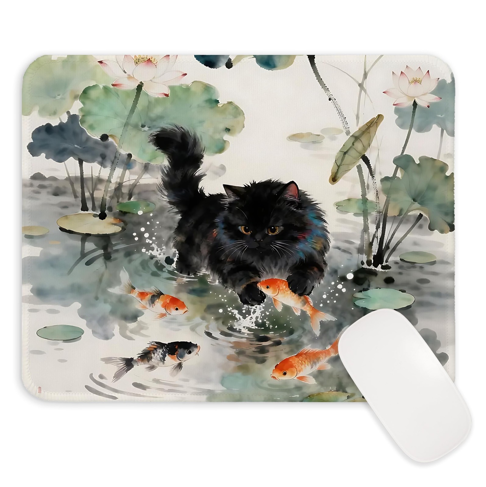 Japanese Black Cat Koi Fish Mouse Pad 9.5x7.9 Inch, Oriental Japandi Zen Lotu...