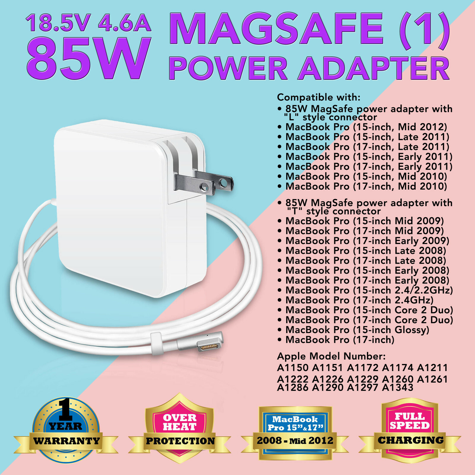 85W AC Adapter Charger for Apple MacBook Pro 15" 17" A1172 A1261 A1281 A1286