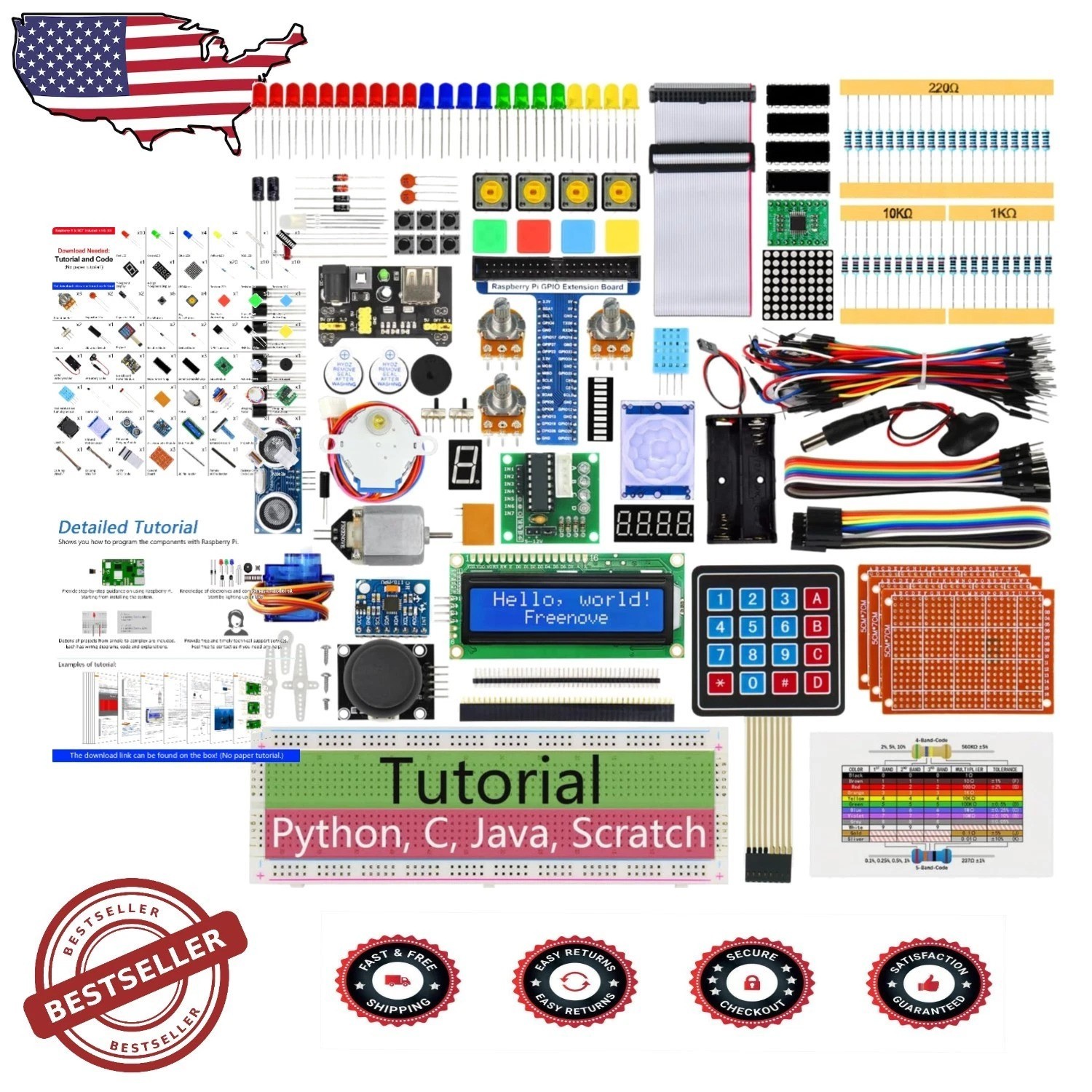 Raspberry Pi 5 4 B 3 B+ Starter Kit: 223 Parts, 128 Projects, Full Code