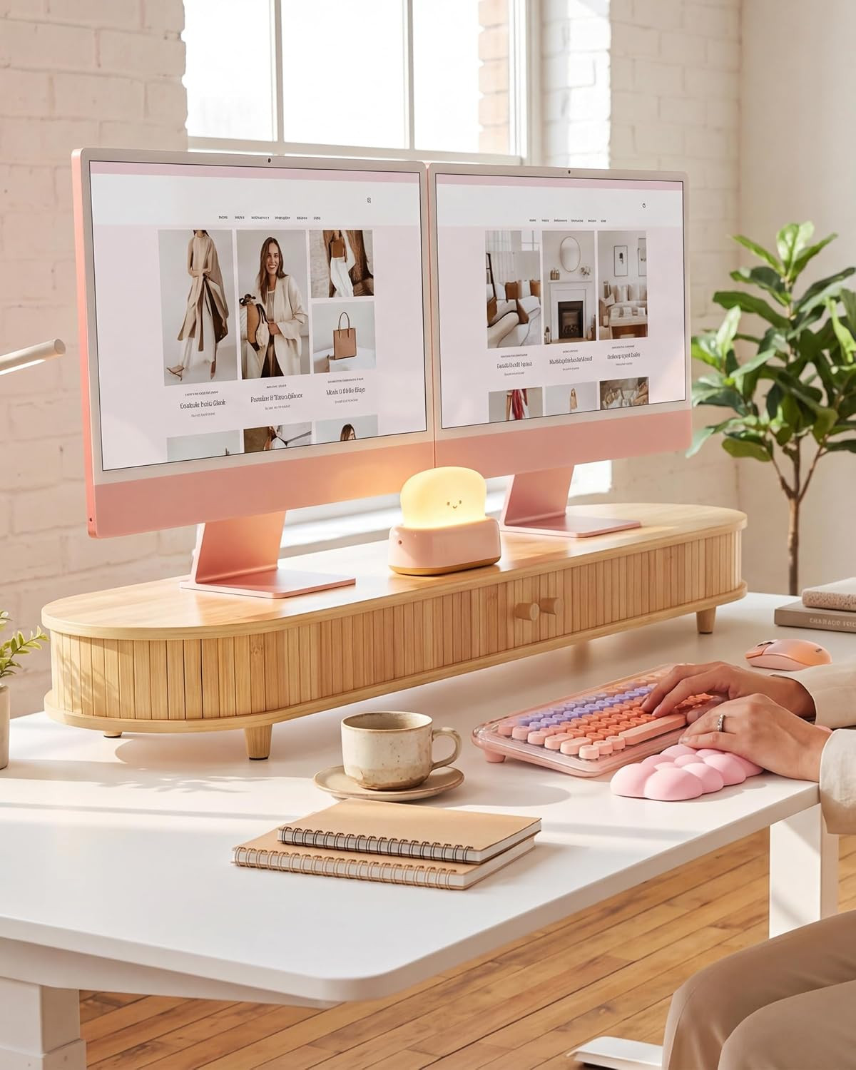 Bamboo Dual Monitor Stand with Storage, Curved Double Computer Laptop Stand Desk