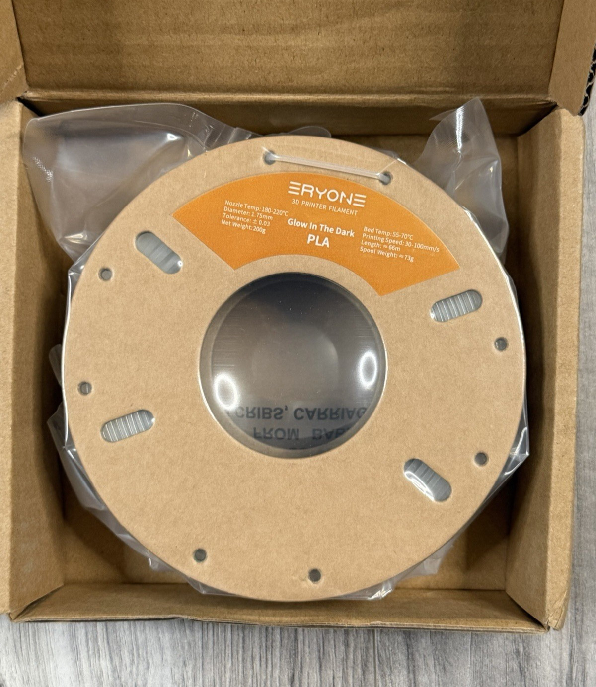 ERYONE Glow In The Dark PLA Filament 1.75mm 200g Cardboard Spool NEW