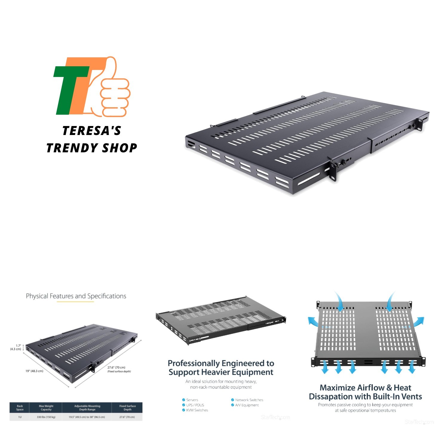 Compact 1U Vented Rack Shelf - 19'' Universal Fit for AV/Networking Gear