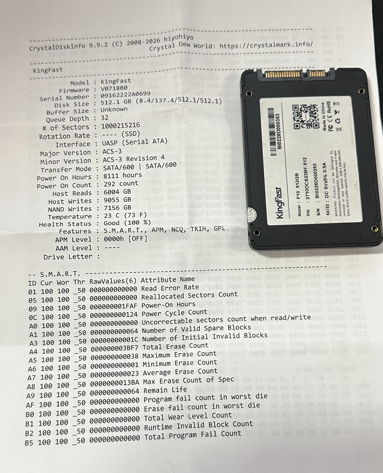 KingFast 2710DCS23BF-512 F10 512GB 2.5" SATA III 100% Health TESTED