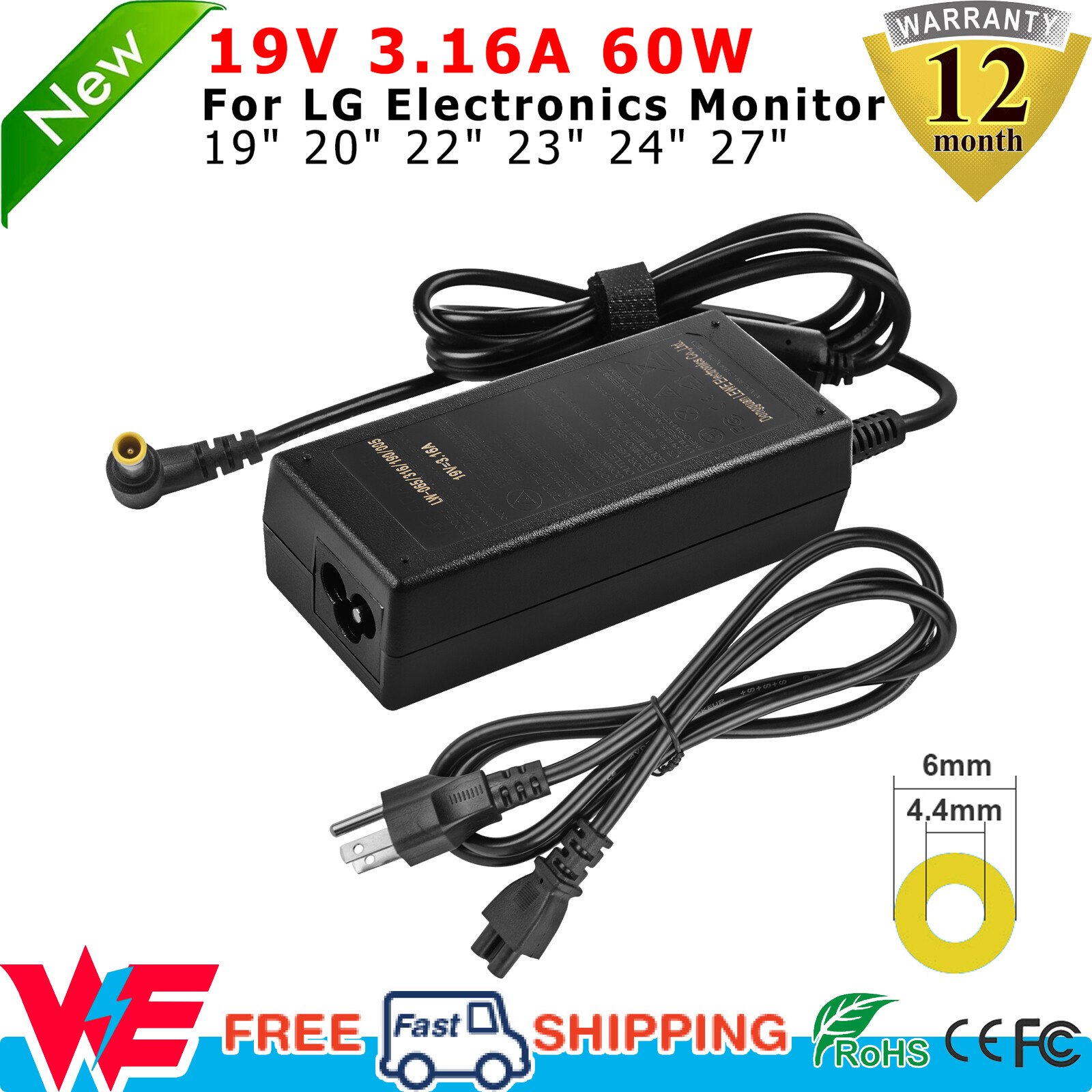 19V AC/DC Adapter For LG Electronics 19 20 22 23 24 27'' LED LCD Monitor Series