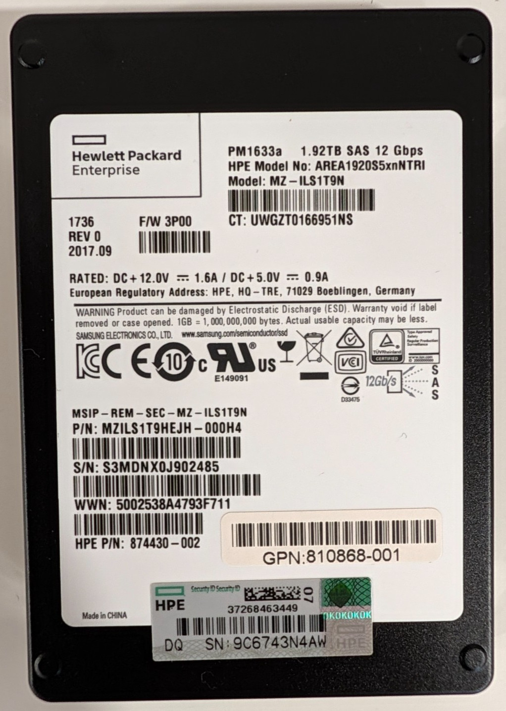 Samsung PM1633a 1.92TB 2.5" SAS 12G SSD MZ-ILS1T9N 512-Byte 90% Health Tested
