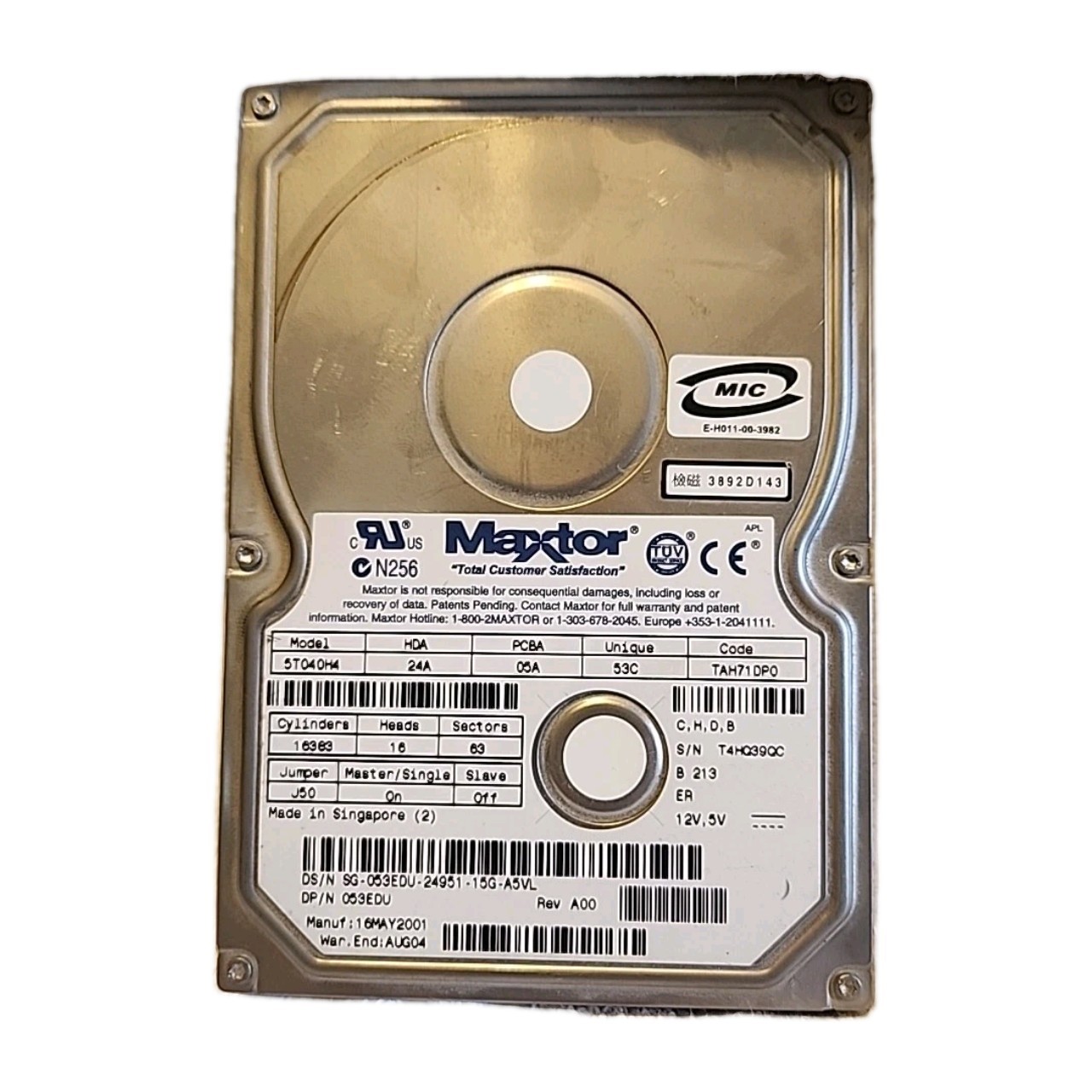 Hard Drive IDE Disk Maxtor 5T040H4 24A 04A TAH71DP0