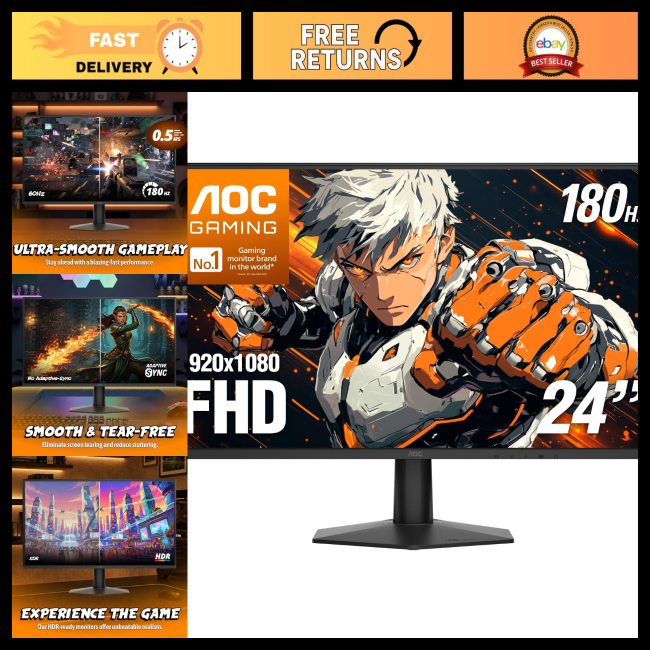 24" FHD Gaming Monitor, 180Hz Fast IPS, 0.5ms Response Time, HDR, Ultra-Slim Des