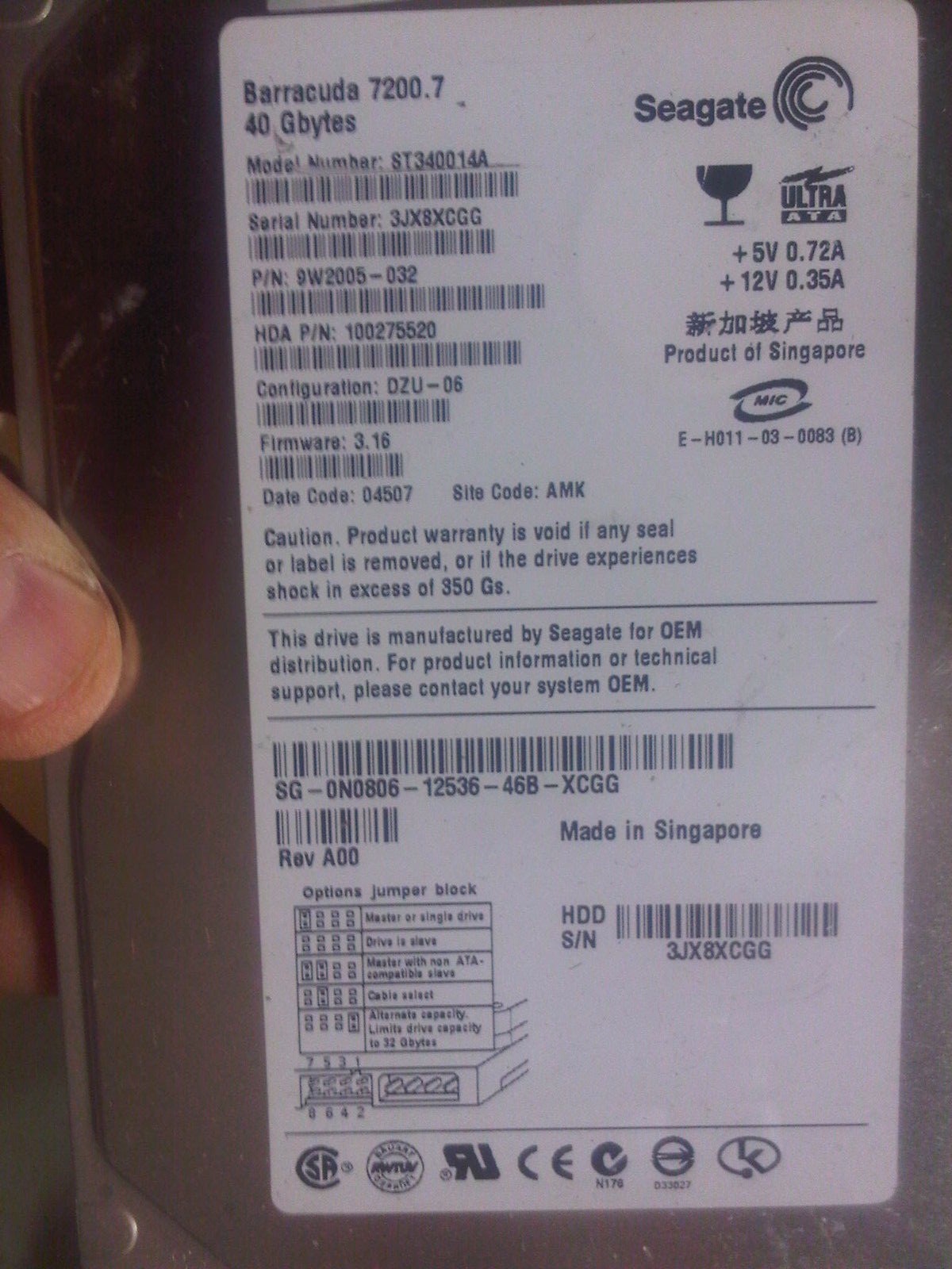 Seagate ST340014A 9W2005-032 100275520 DZU-06 IDE 40GB 3.5 7200RPM Hard Drive