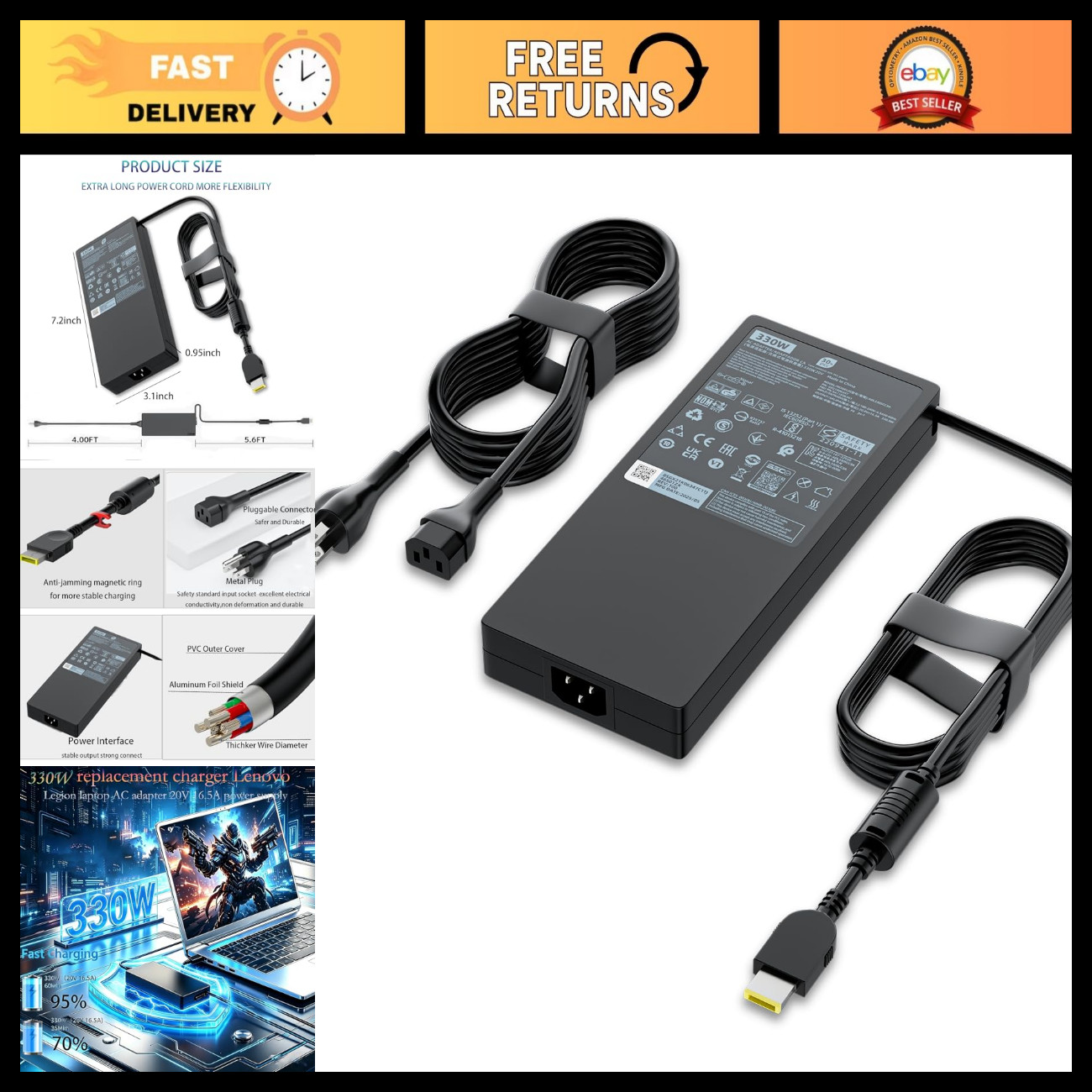 330W GaN Gaming Charger for Lenovo Laptop - 20V 16.5A AC Power Adapter