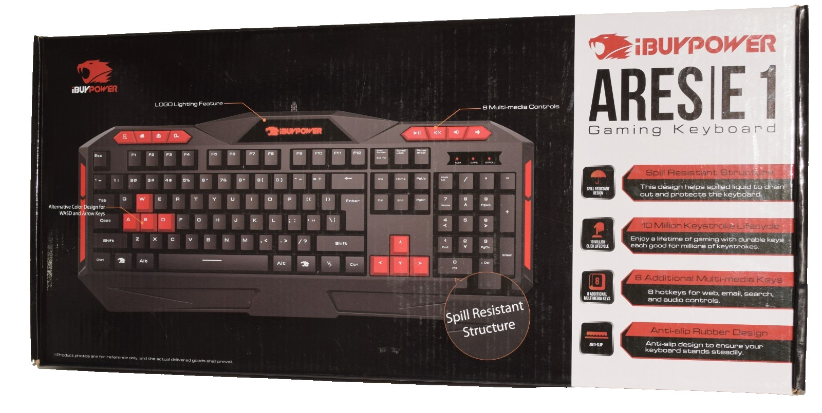 iBuyPower ARES E1 Gaming Keyboard Spill Resistant Black and Red Multimedia Keys