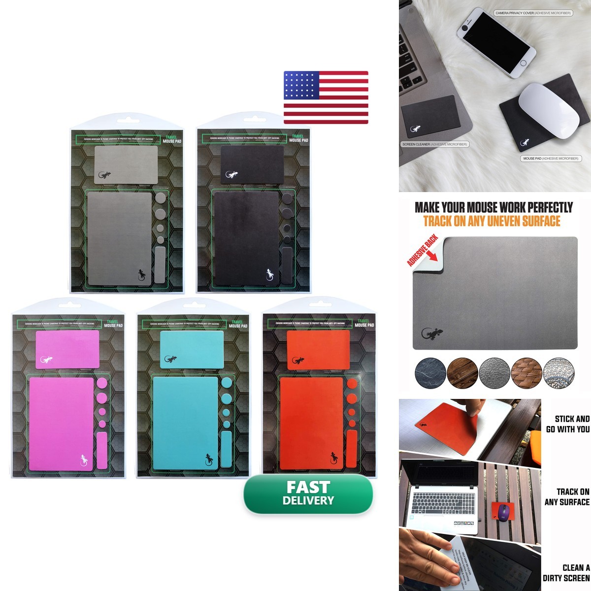 Gecko Travel Tech Mouse Pad Adhesive Bottom 5 Pack - Rainbow