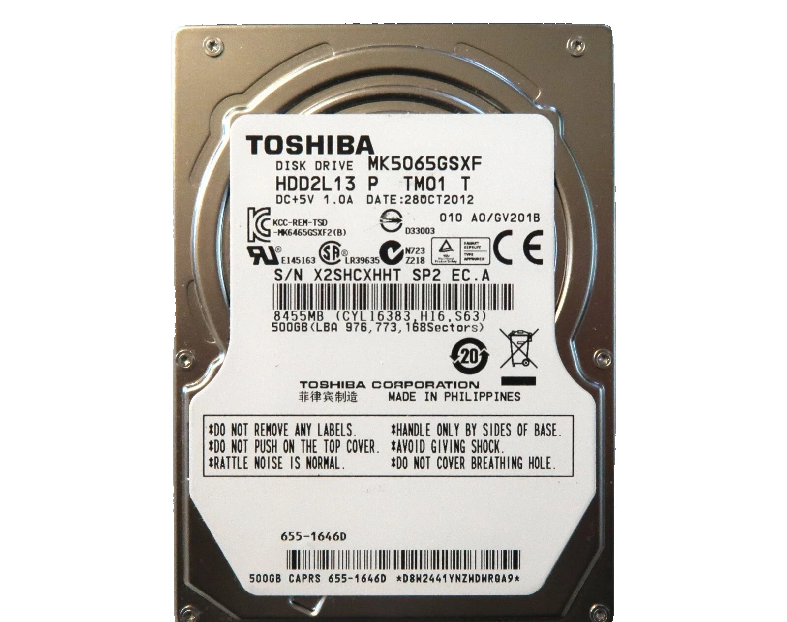 Toshiba MK5065GSXF (HDD2L13 P TM01 T) 010 A0/GV201B 655-1646D 500gb Sata 2012