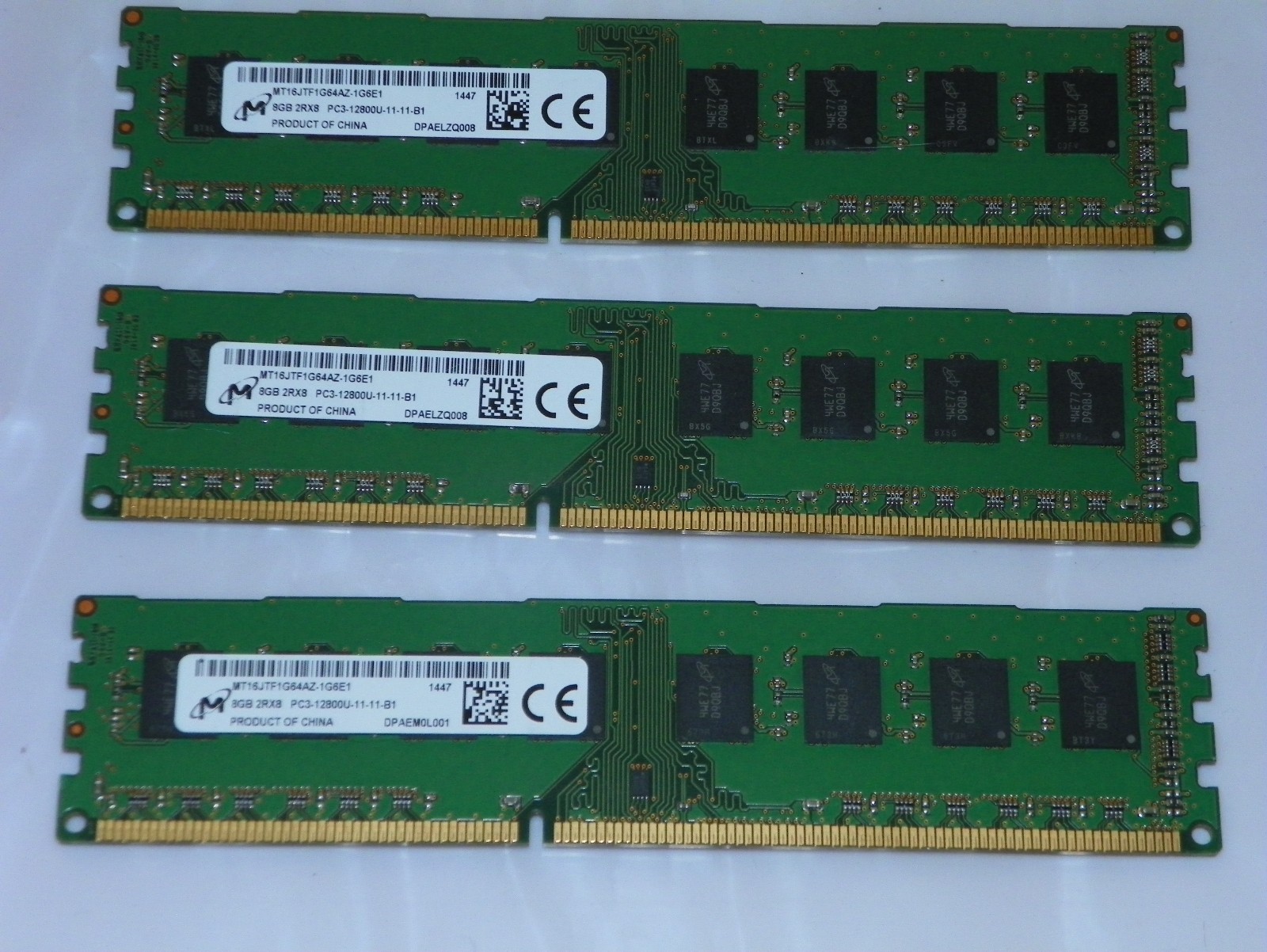 24GB Kit Lot Of 3 8GB Micron DDR3-1600 PC3-12800U UDIMM Desktop MT16JTF1G64AZ