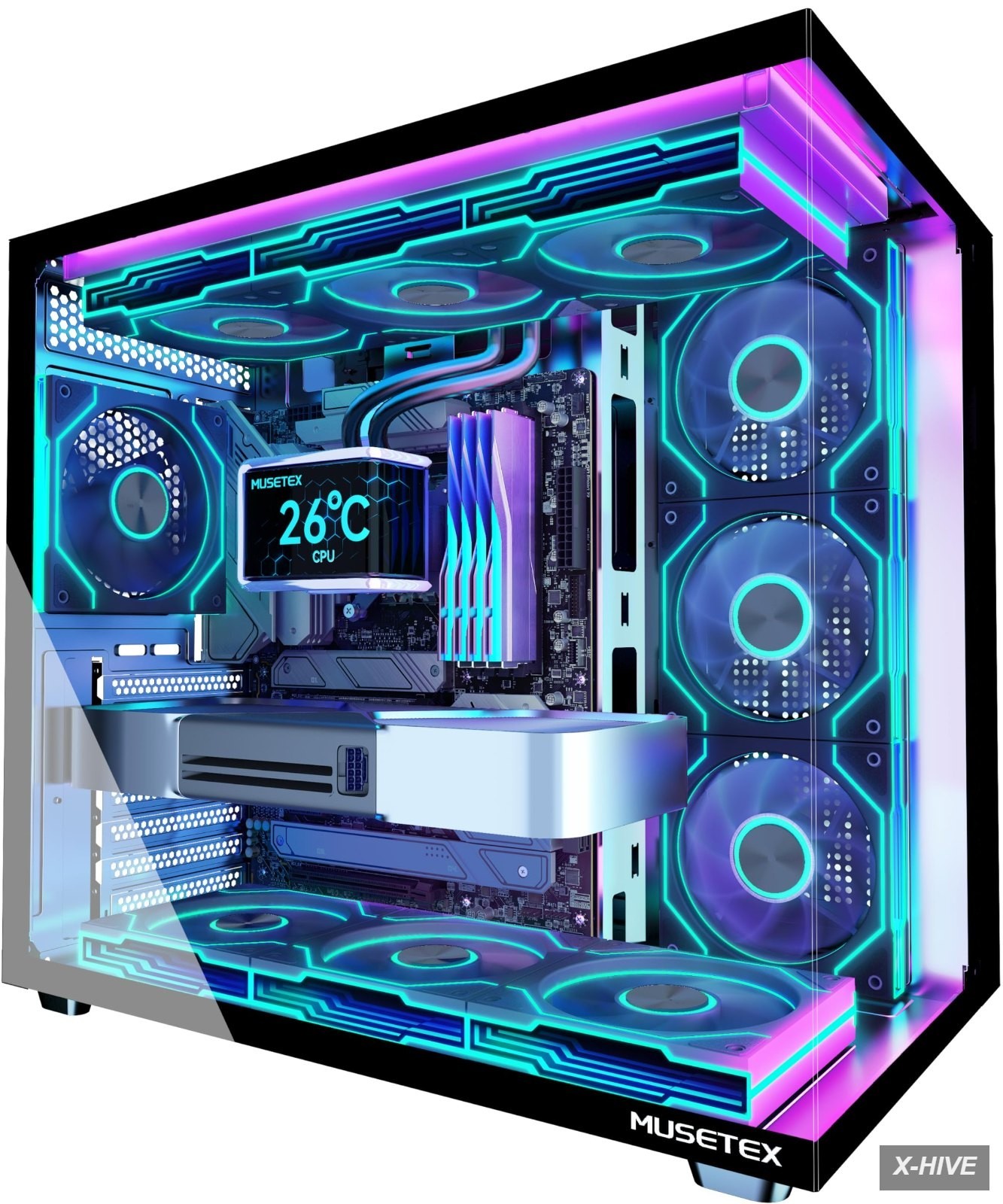 MUSETEX Y6 PC Case, Pre-Installed 7 Infinity Mirror PWM ARGB Fans, ATX Mid Tower