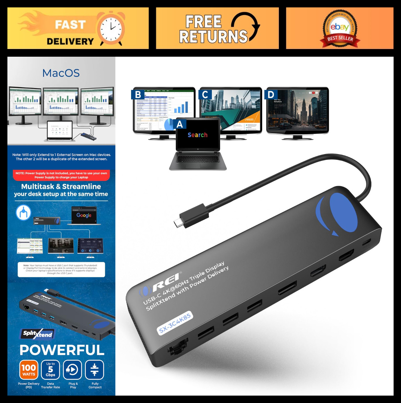 USB C Docking Station Triple Monitor 4K@60Hz, 2 HDMI, DisplayPort, 85W PD, Ether