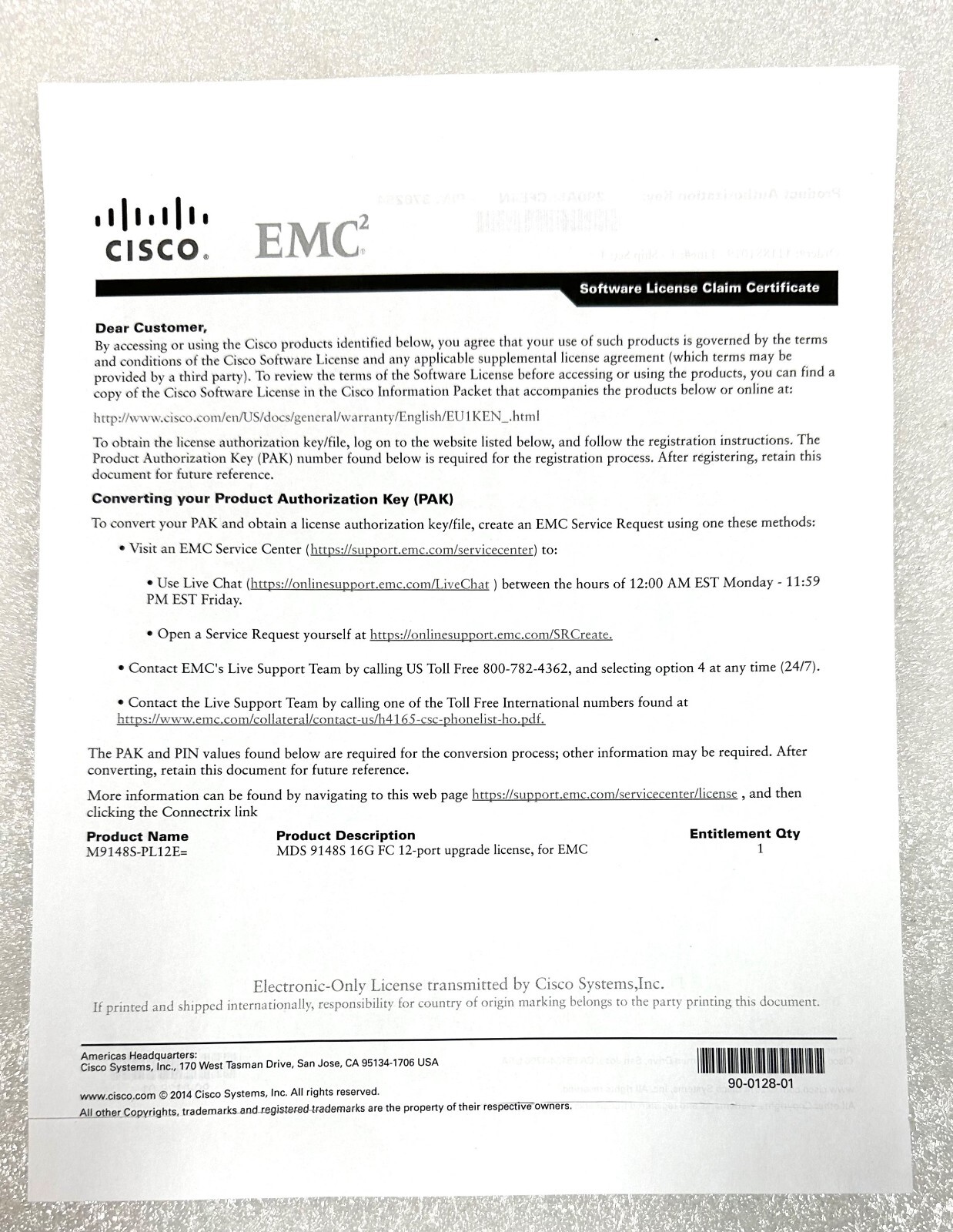 M9148S-PL12= Cisco MDS 9148S 16G FC 12 Port Upgrade License NEW~