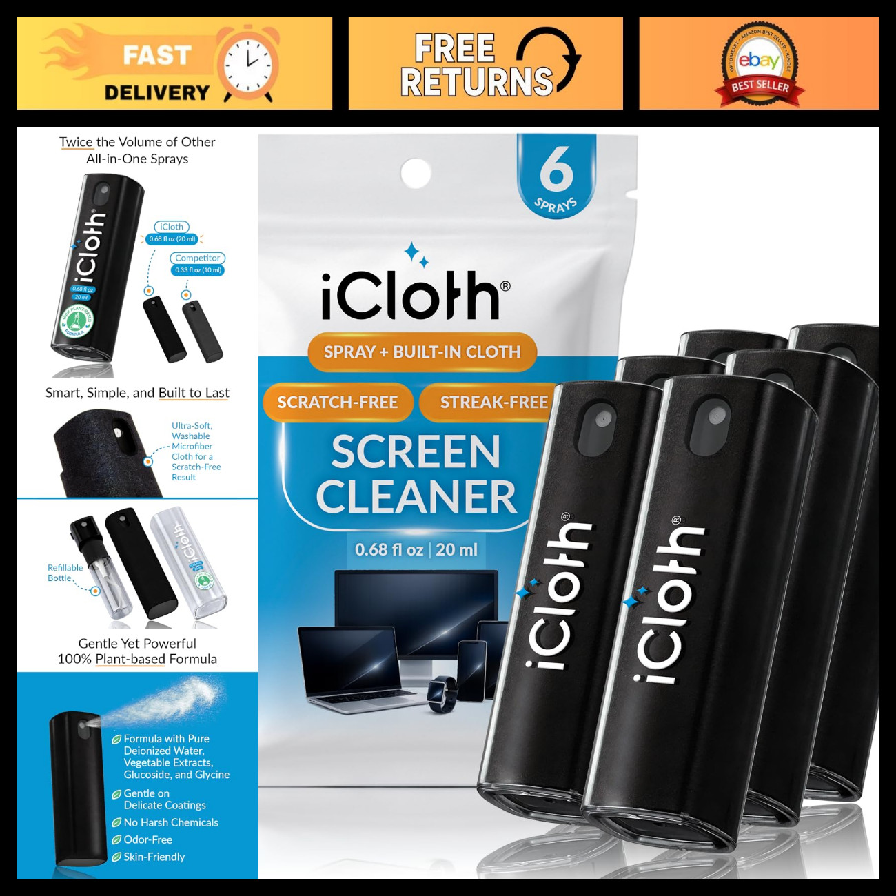6X 2-in-1 Screen Cleaner Spray & Microfiber Cloth for Laptops, Phones, Tablets -