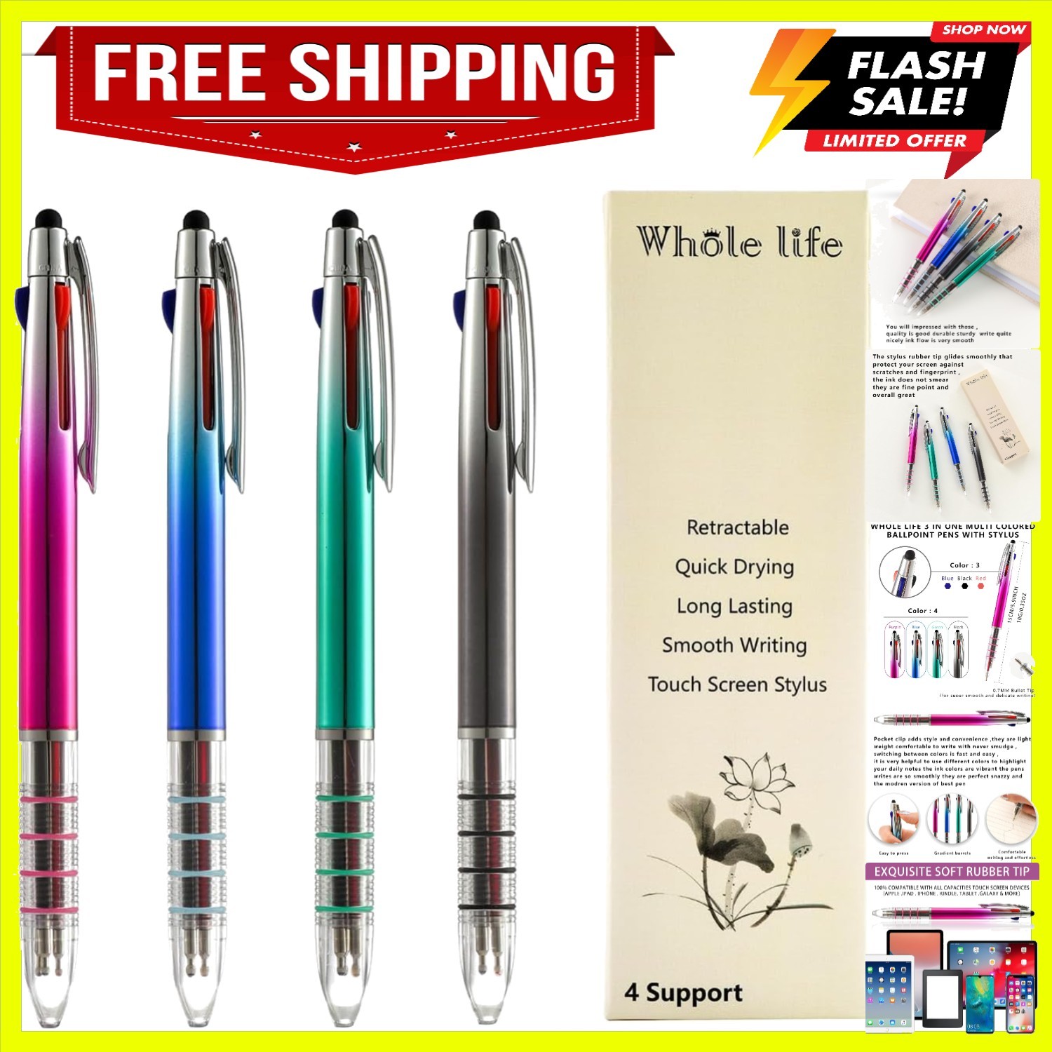 Stylus Pens 3 In One Pens Touch Screen Tip Multi Colored Pen Ballpoint Pens W...