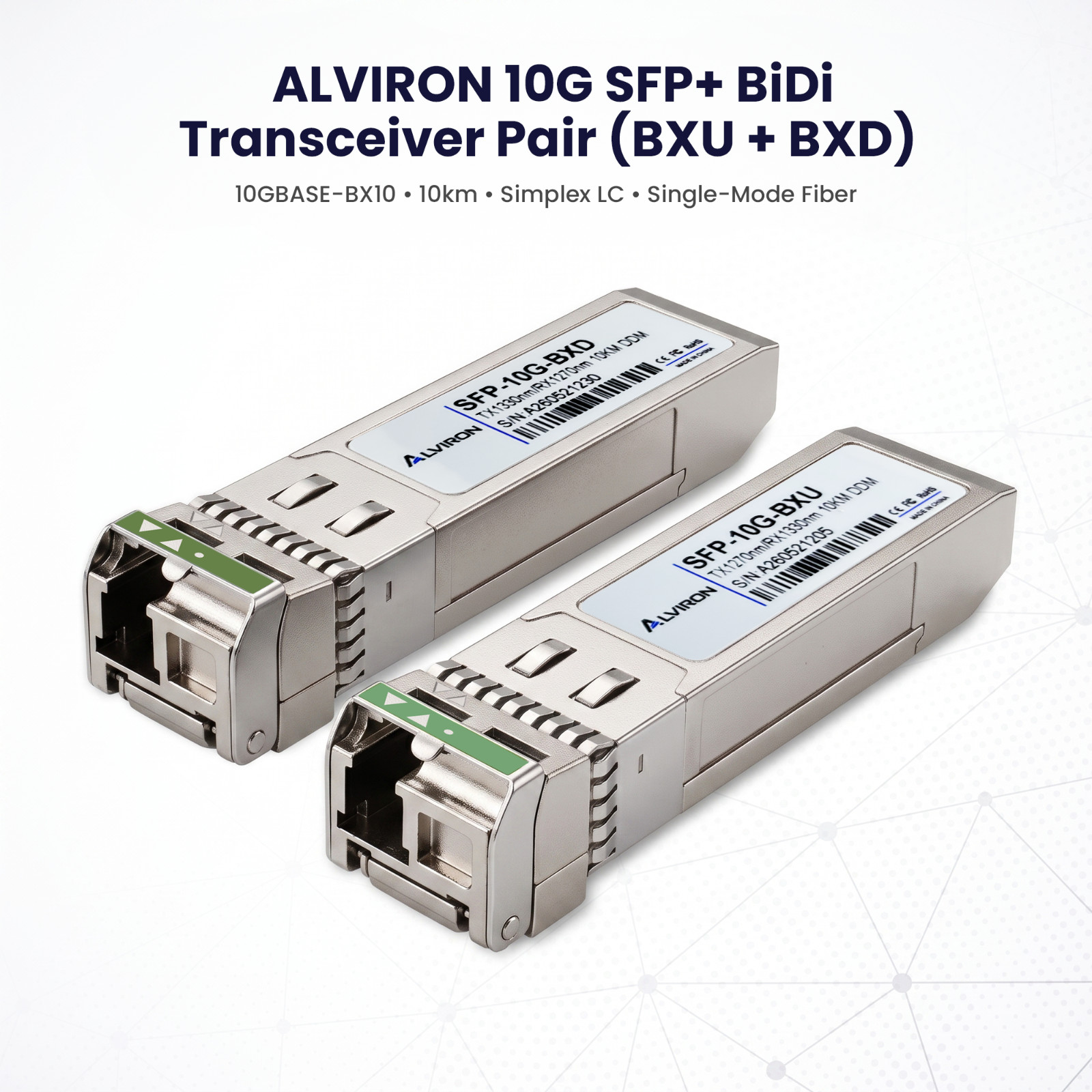 2‑Pack SFP+ 10G BiDi BX‑U/BX‑D 1270/1330nm 10km | Cisco Compatible | ALVIRON