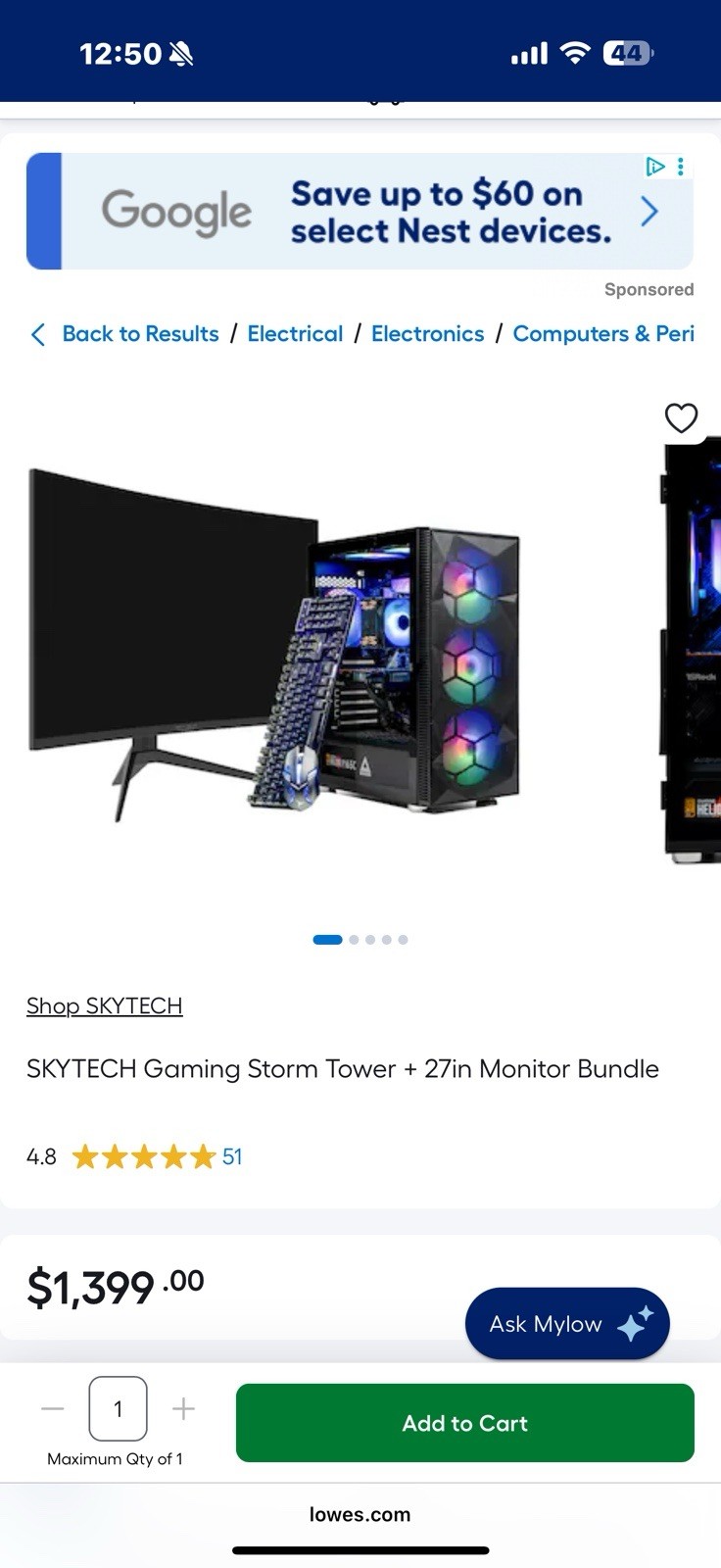 SKYTECH Gaming Storm Tower Desktop Tower with 27in Monitor Bundle