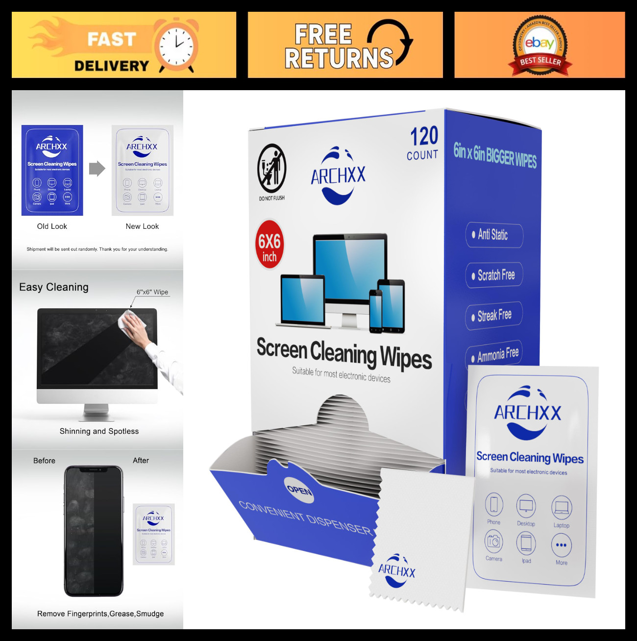 120 Count Pre-Moistened Screen Wipes for Electronics, Laptops, Phones, Monitors,