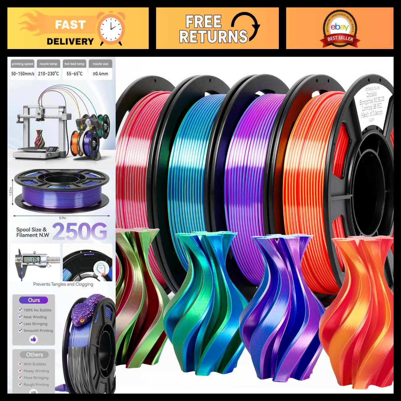 Dual Color Silk PLA 3D Printer Filament Bundle, 4 x 250g, High Quality, Smooth F