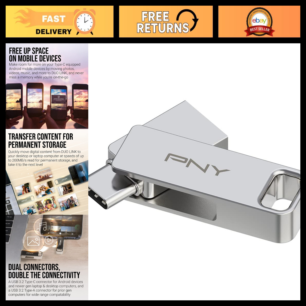 256GB Dual Flash Drive USB 3.2 Type-C, High-Speed Portable Storage, OTG Compatib