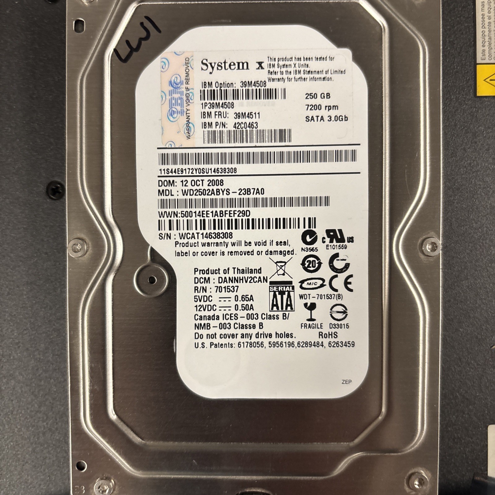 IBM 250GB Hard Drive SATA 7.2K PN: 39M4508 39M4511 42C0463 WD2502ABYS-23B7A0