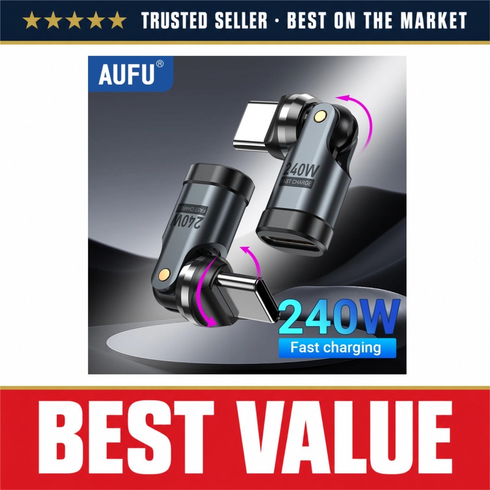 AUFU 240W USB C to USB C OTG Adapter 540° Rotating 5A Fast Charging Converter