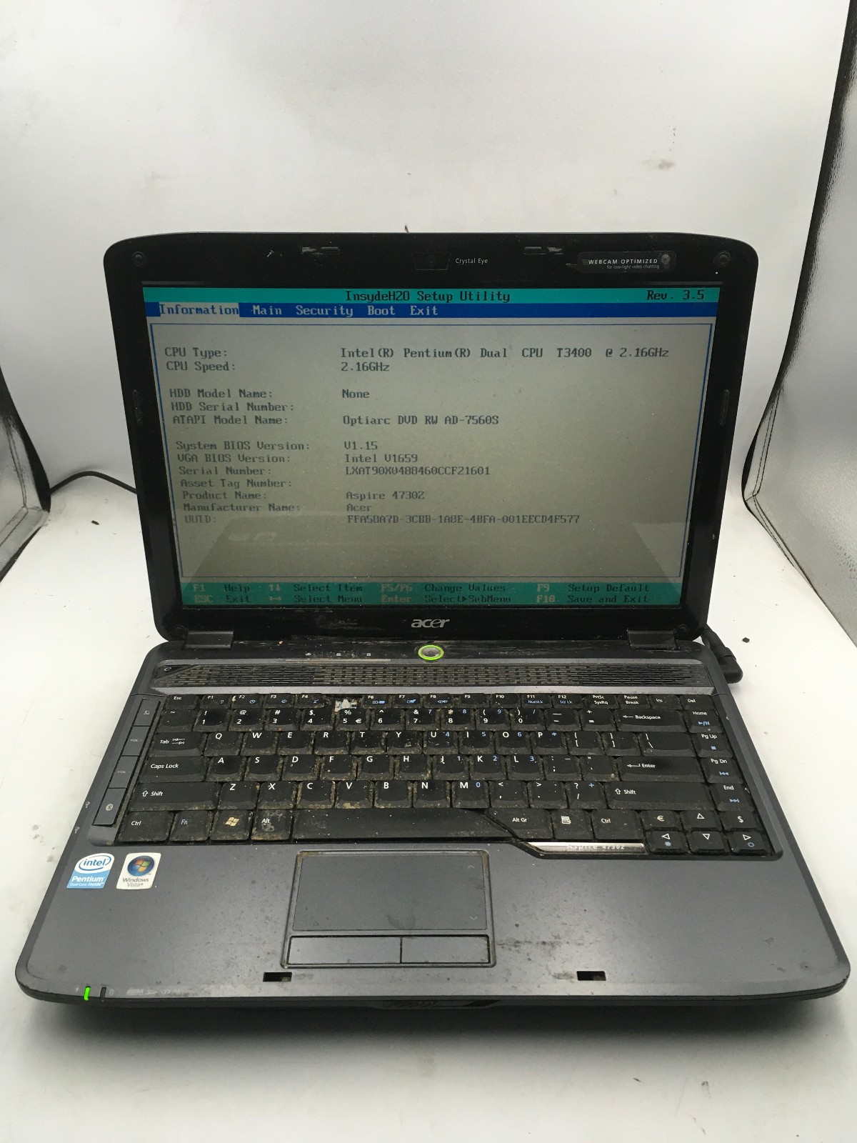 ACER ASPIRE 4730Z - BOOTS TO BIOS - INTEL PENTIUM T3400 - 1GB RAM -READ DESC- BB