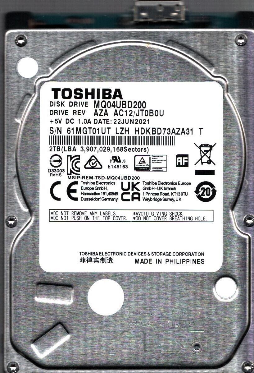 MQ04UBD200 HDKBD73AZA31 T REV: AZA AC12/JT0B0U 2TB JUN 2021 PHILIPPINES TOSHIBA