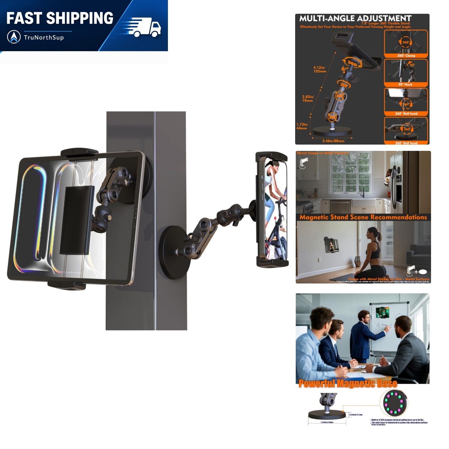 Universal magnetic tablet holder 360° adjustable aluminum heavy duty arm 4-13...