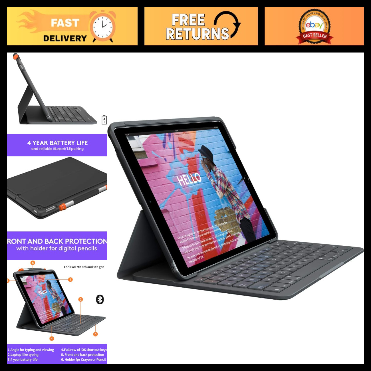 Slim Folio Keyboard Case for iPad 7th/8th/9th Gen - Wireless, Lightweight, Renew
