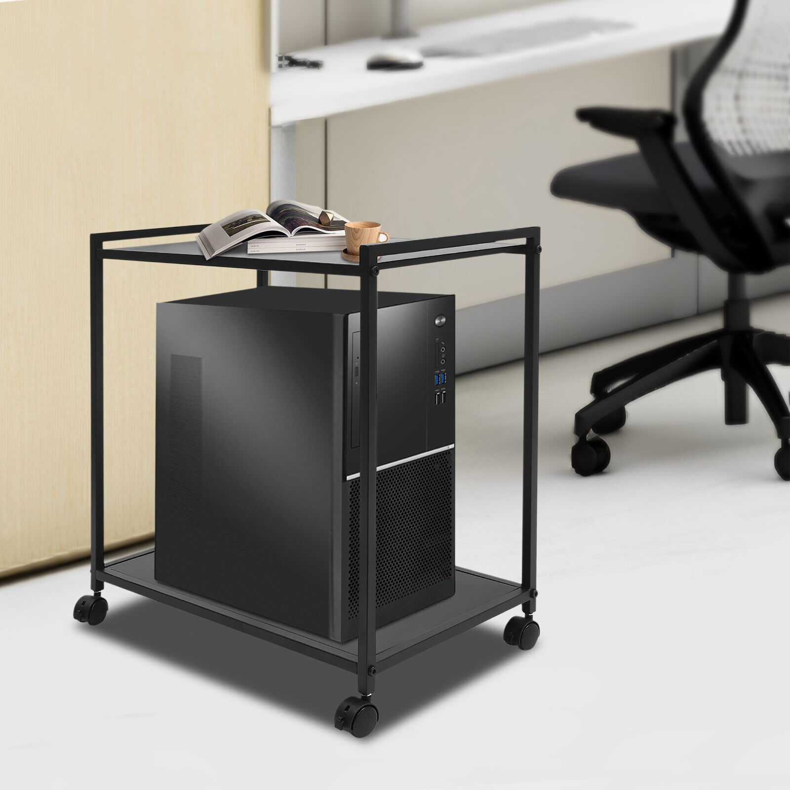 2-Tier Cart Computer Tower Stand Rolling PC Tower Holder with Storage Drawer