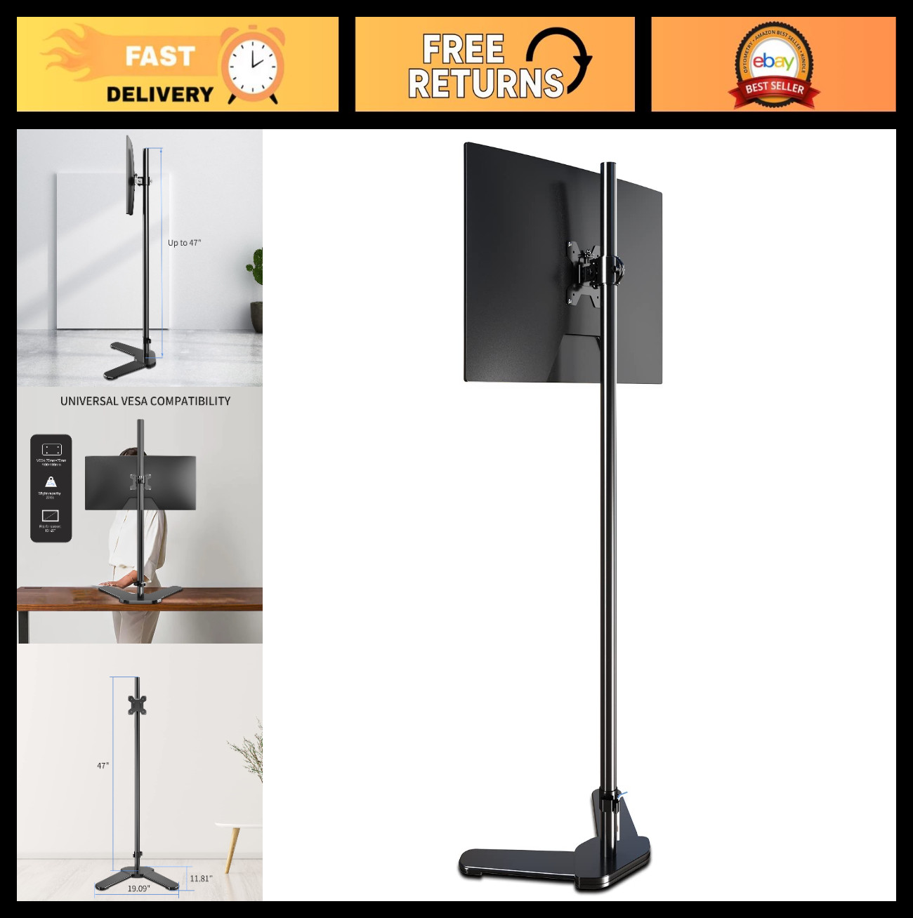 Extra Long Free-Standing Monitor Mount, 47" Tall Stand for 13-27" Screens, 22lbs