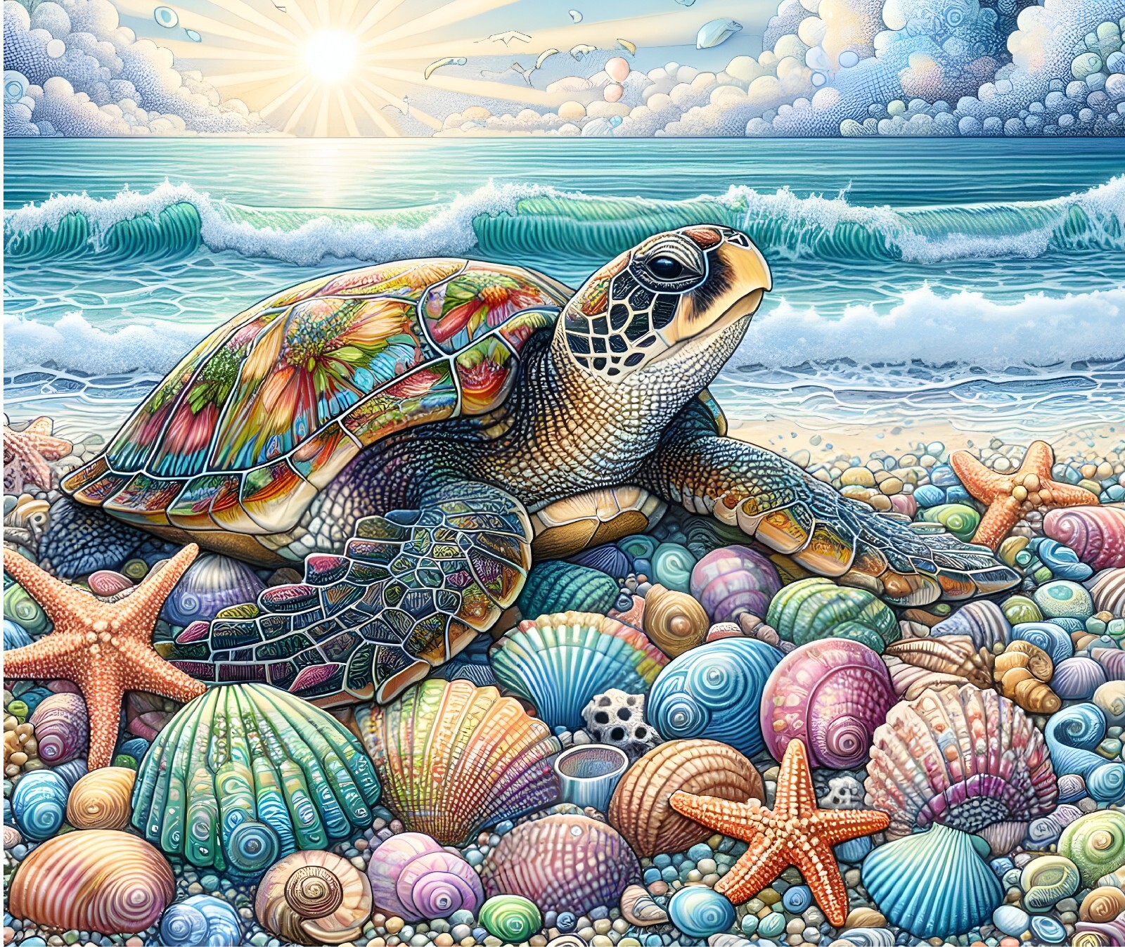 COLORFUL SEA TURTLE SEASHELLS STARFISH OCEAN COMPUTER MOUSE PAD 9.25 X 7.75 IN.