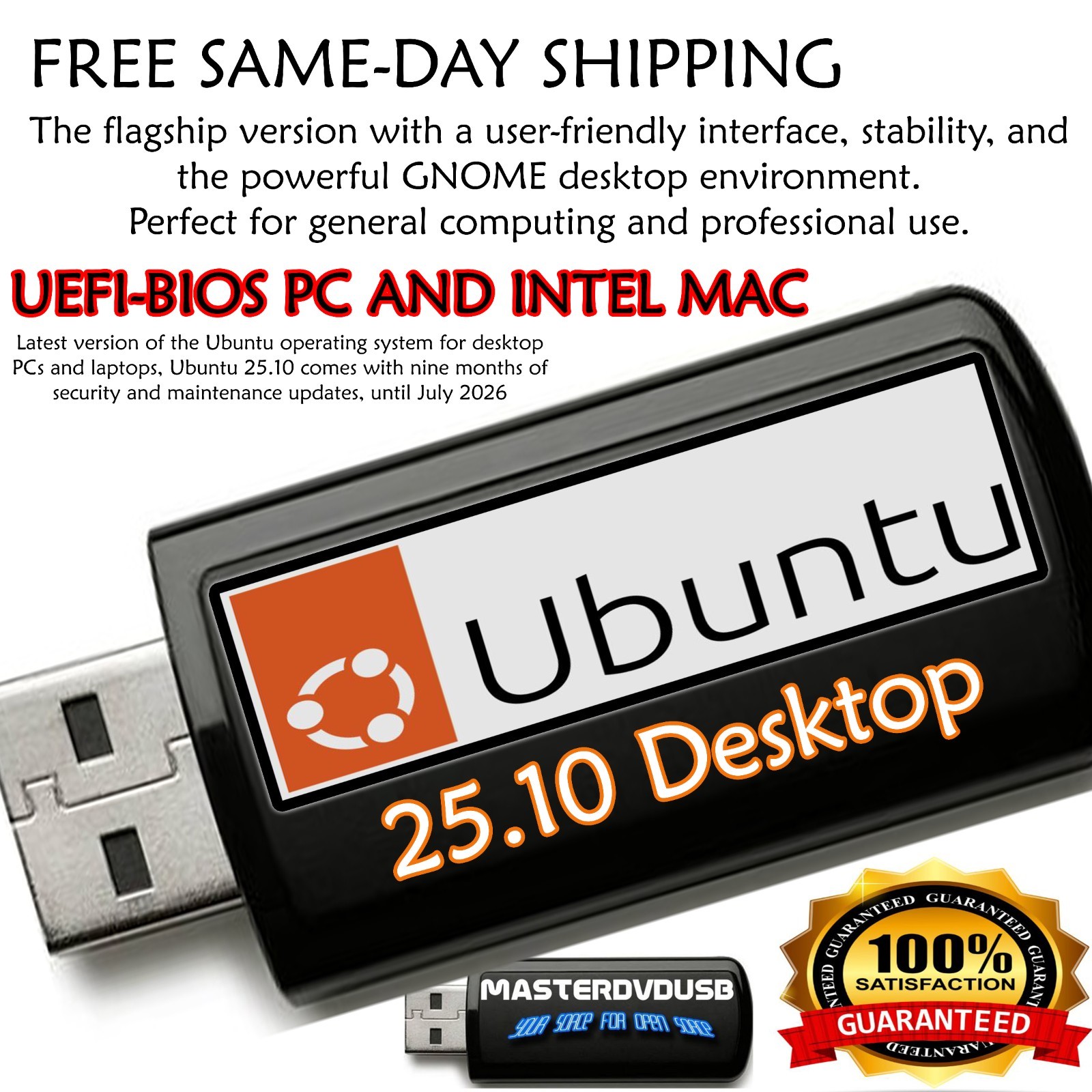 Ubuntu 25.10 Desktop Bootable USB 64-BIT MAC AND PC LEGACY UEFI FAST SHIPPING