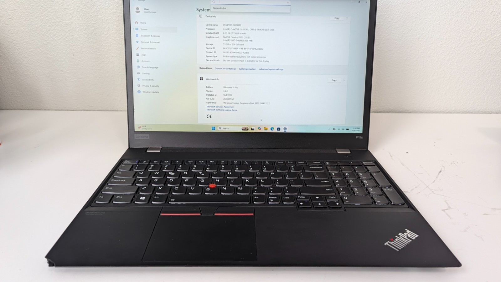Lenovo ThinkPad P15s Gen 1 15.6" Intel i5-10210U 1.6GHz 8GB RAM 256GB SSD